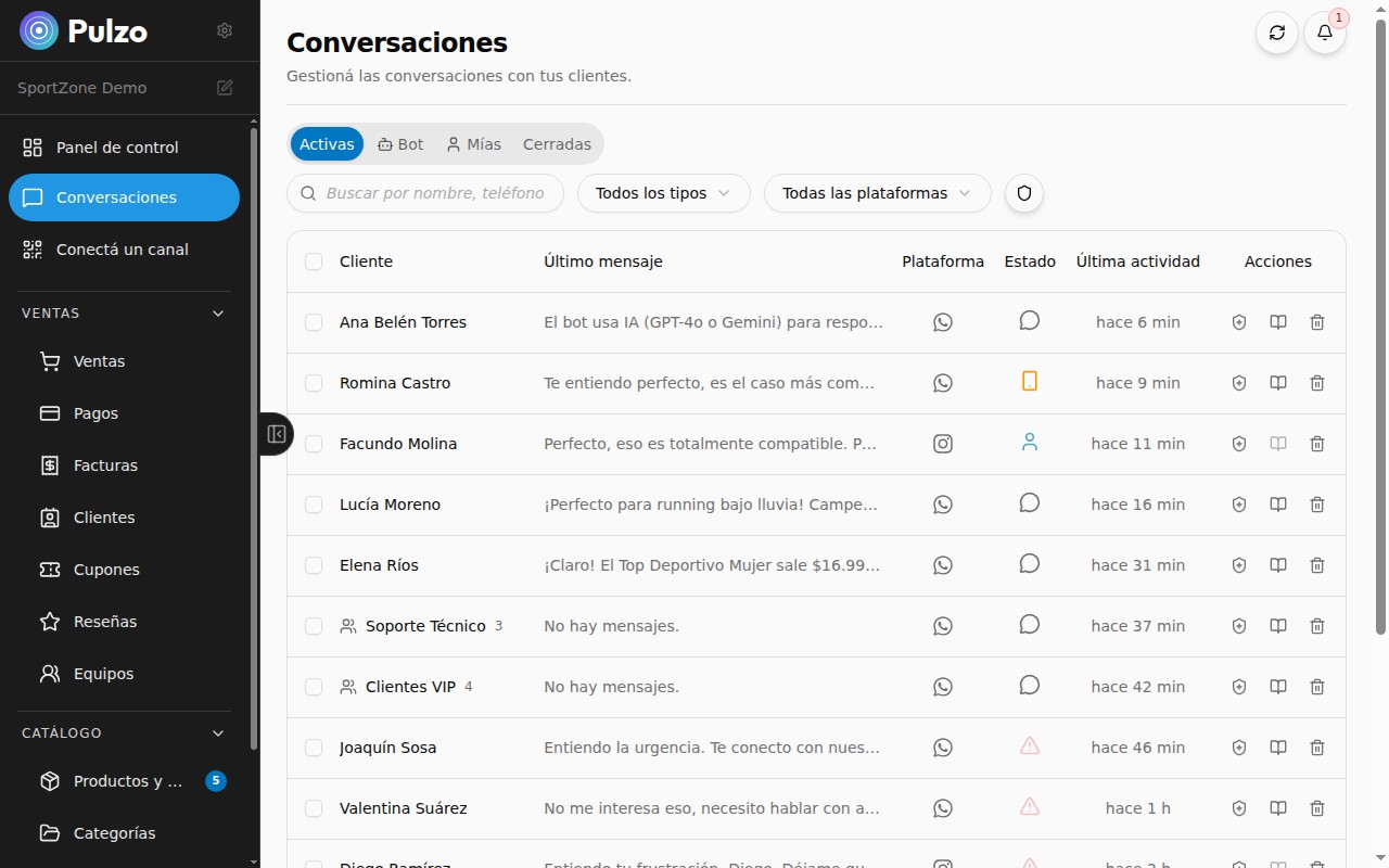 Panel de conversaciones con WhatsApp e Instagram